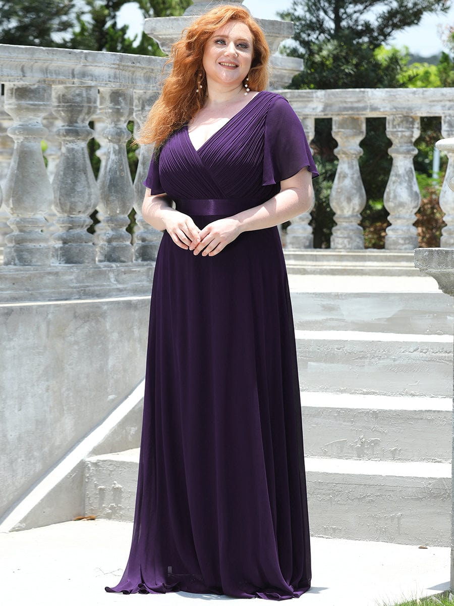 Plus Size Empire Waist Chiffon Maxi Dress with Short Sleeves #color_Dark Purple