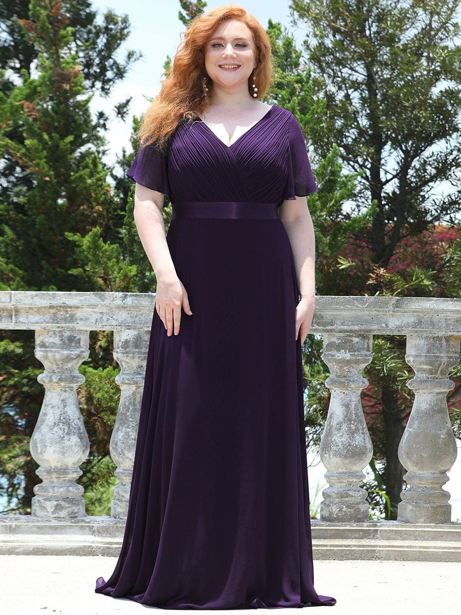 Plus Size Empire Waist Chiffon Maxi Dress with Short Sleeves #color_Dark Purple