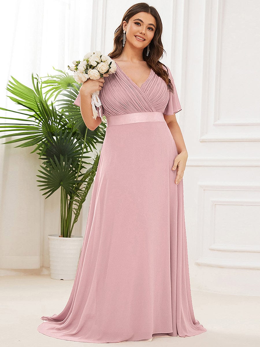 Plus Size Empire Waist Chiffon Maxi Dress with Short Sleeves #color_Dusty Rose