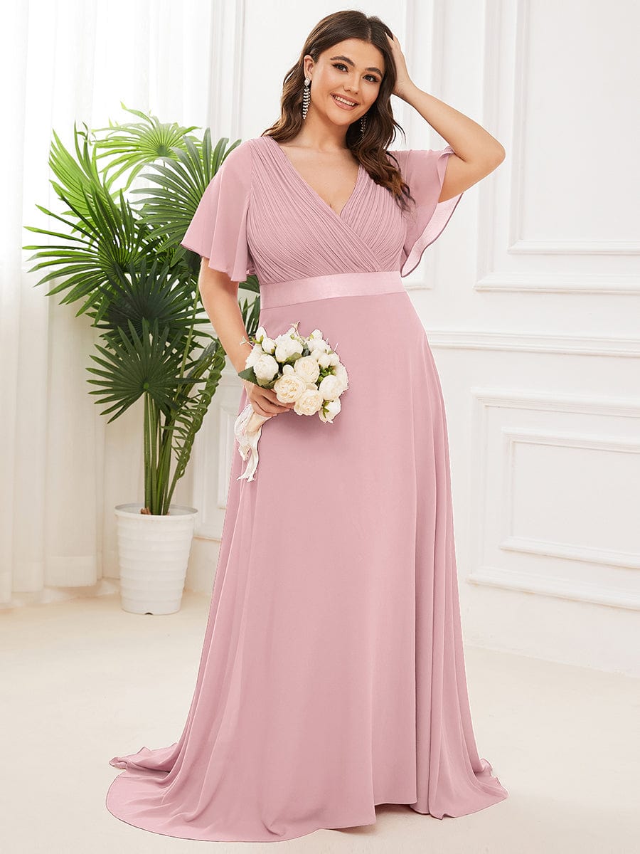 Plus Size Empire Waist Chiffon Maxi Dress with Short Sleeves #color_Dusty Rose