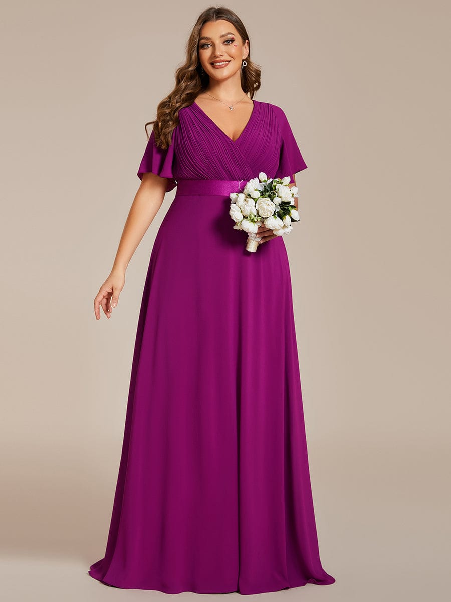 Plus Size Empire Waist Chiffon Maxi Dress with Short Sleeves #color_Fuchsia