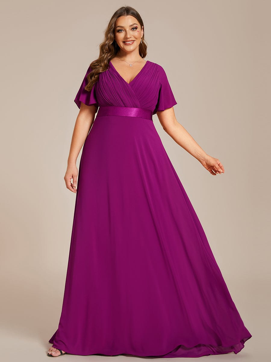 Plus Size Empire Waist Chiffon Maxi Dress with Short Sleeves #color_Fuchsia