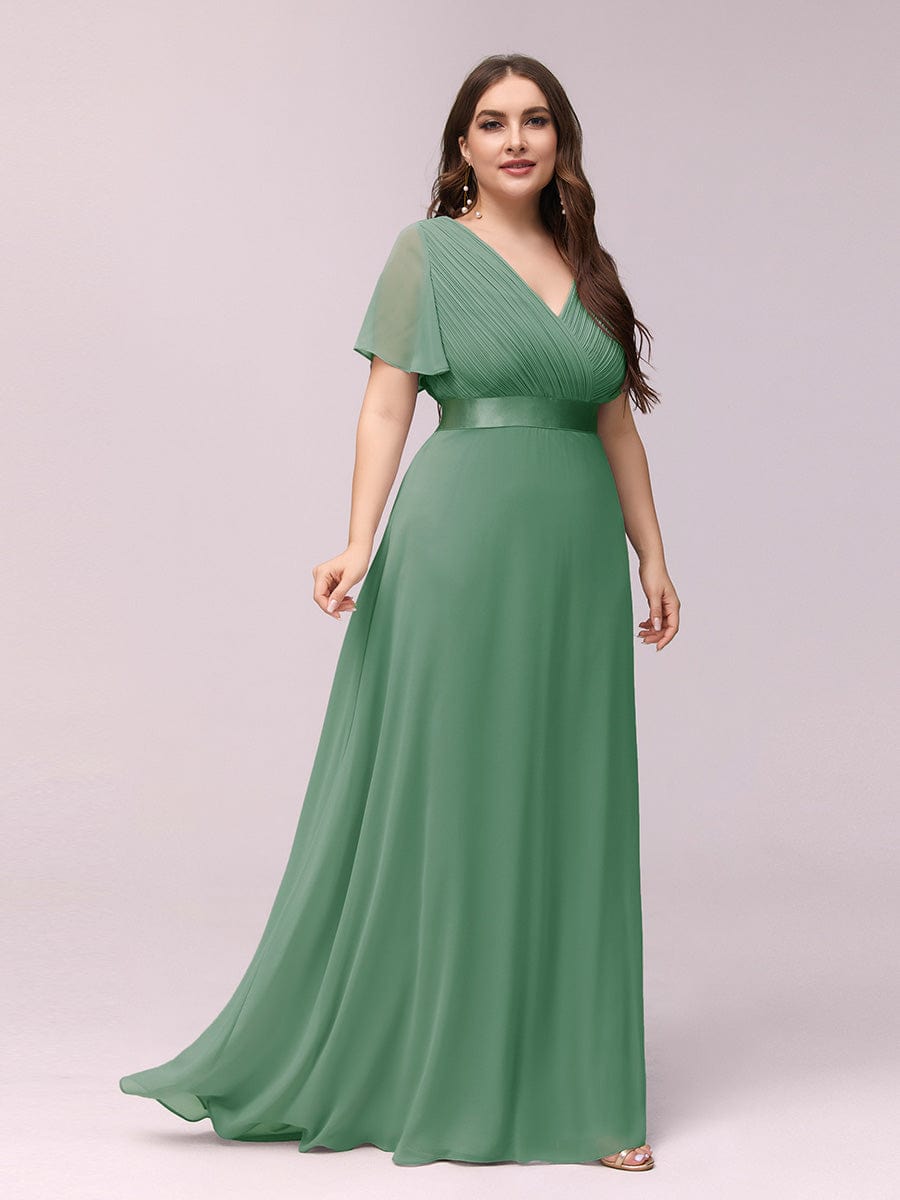 Plus Size Empire Waist Chiffon Maxi Dress with Short Sleeves #color_Green Bean