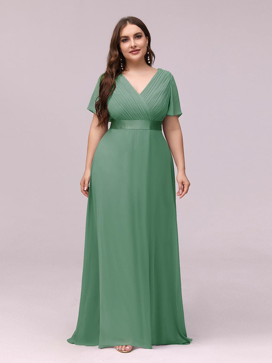 Plus Size Empire Waist Chiffon Maxi Dress with Short Sleeves #color_Green Bean