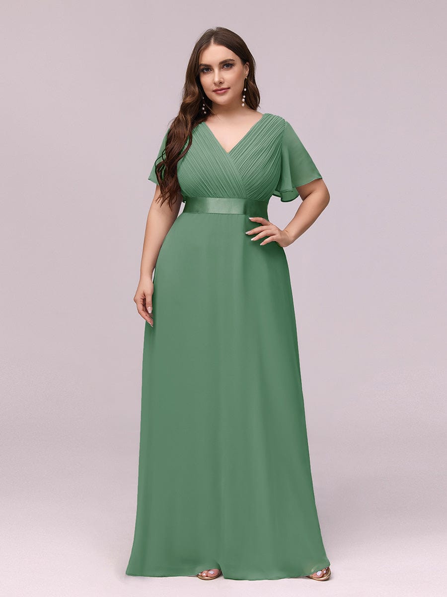 Plus Size Empire Waist Chiffon Maxi Dress with Short Sleeves #color_Green Bean