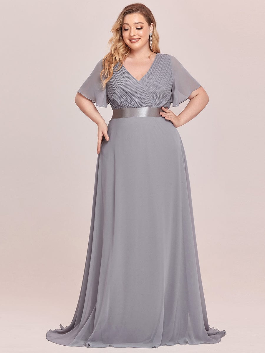 Plus Size Empire Waist Chiffon Maxi Dress with Short Sleeves #color_Grey