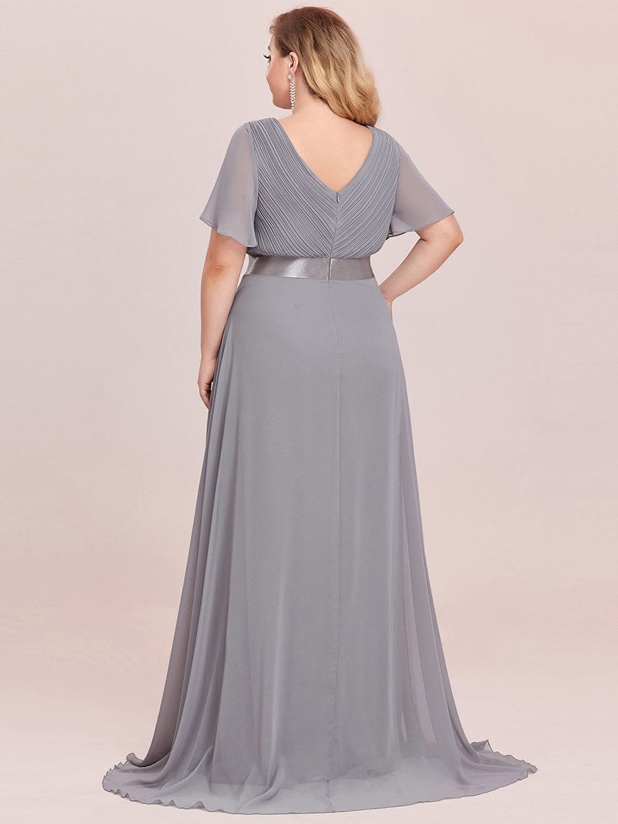 Plus Size Empire Waist Chiffon Maxi Dress with Short Sleeves #color_Grey