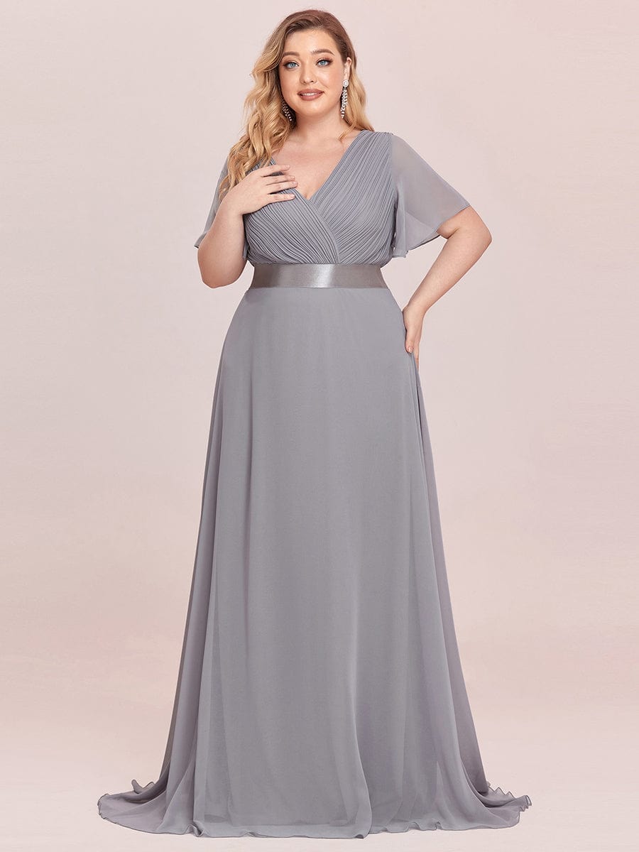 Plus Size Empire Waist Chiffon Maxi Dress with Short Sleeves #color_Grey