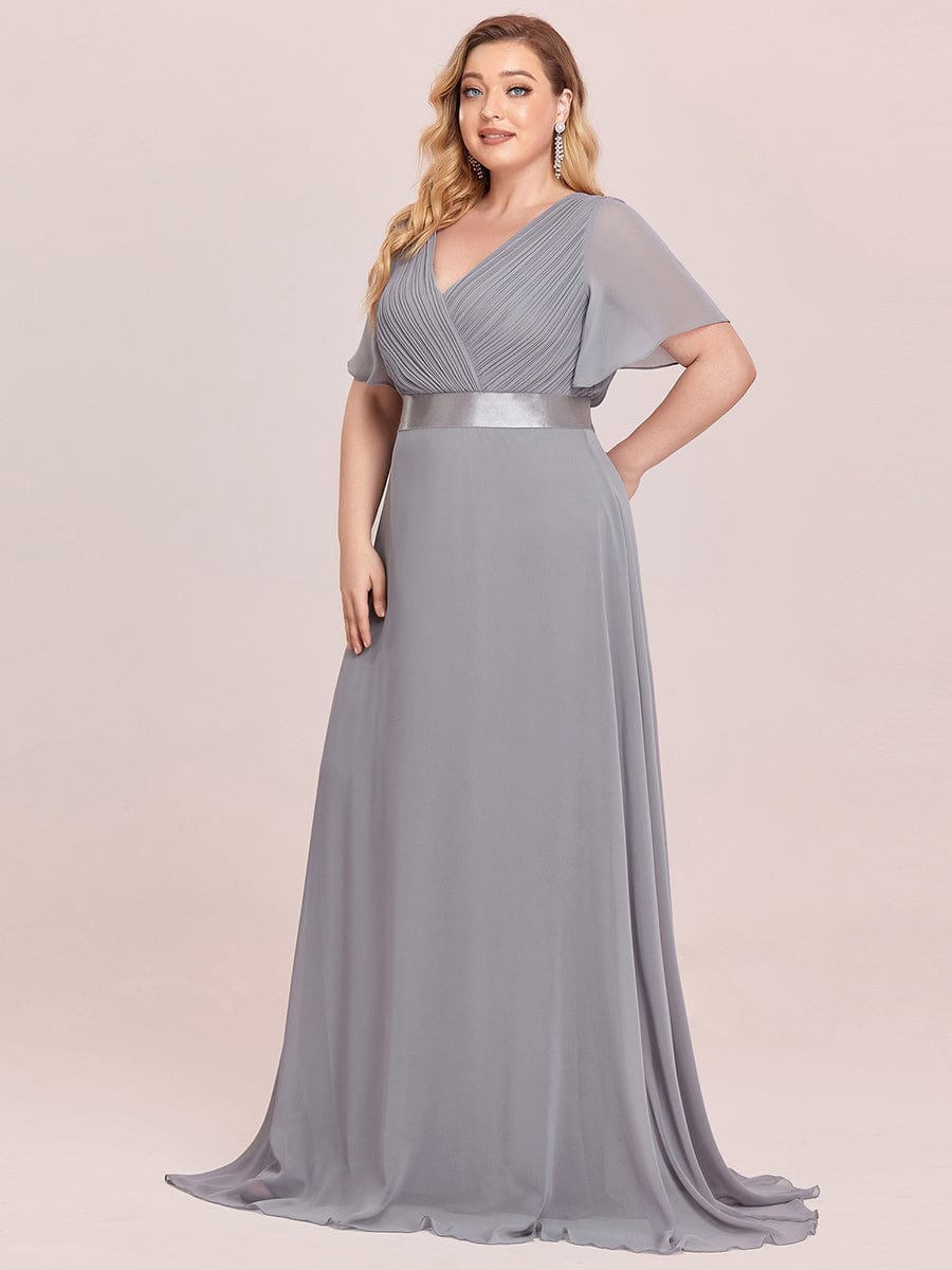 Plus Size Empire Waist Chiffon Maxi Dress with Short Sleeves #color_Grey