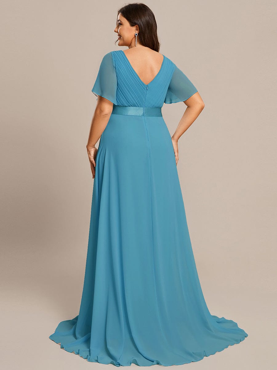 Plus Size Empire Waist Chiffon Maxi Dress with Short Sleeves #color_Jade Blue