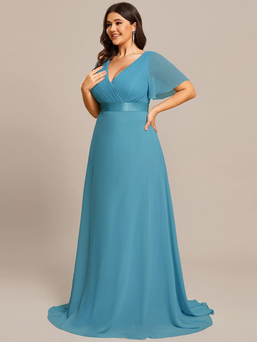 Plus Size Empire Waist Chiffon Maxi Dress with Short Sleeves #color_Jade Blue