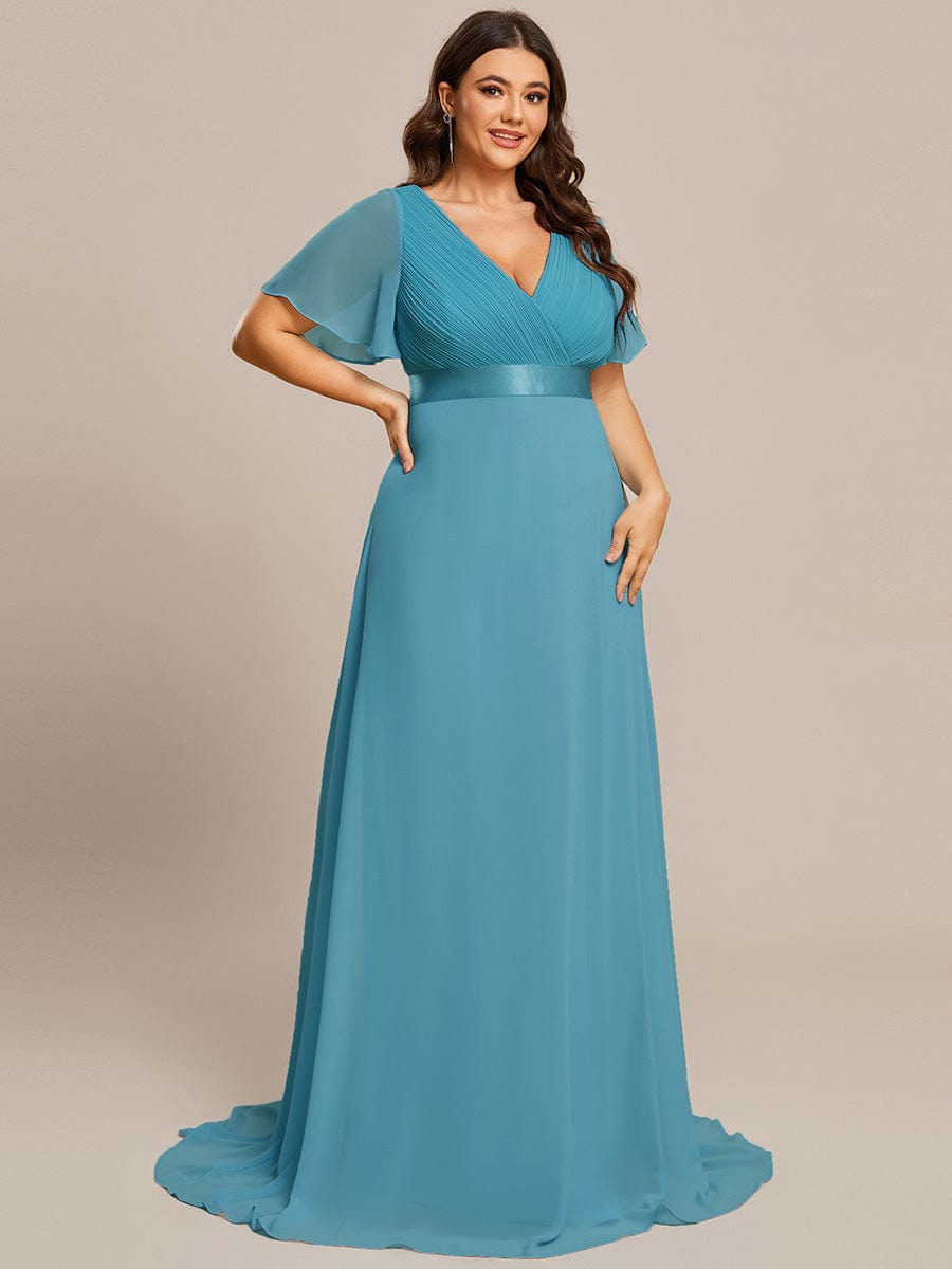 Plus Size Empire Waist Chiffon Maxi Dress with Short Sleeves #color_Jade Blue