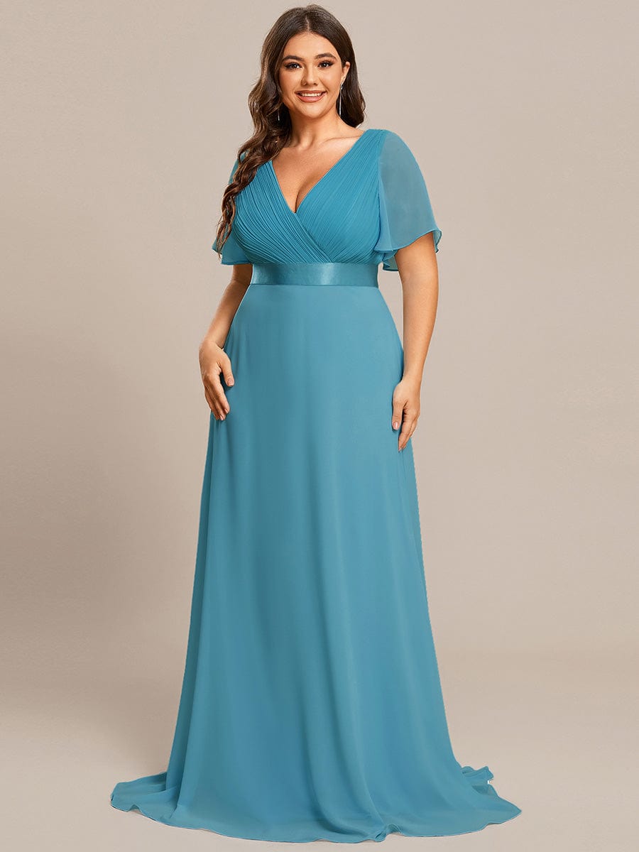 Plus Size Empire Waist Chiffon Maxi Dress with Short Sleeves #color_Jade Blue