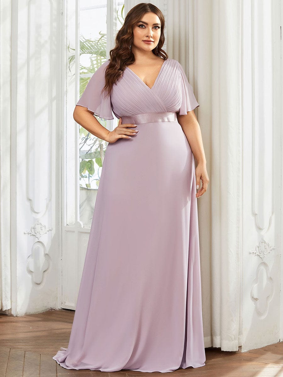 Plus Size Empire Waist Chiffon Maxi Dress with Short Sleeves #color_Lilac