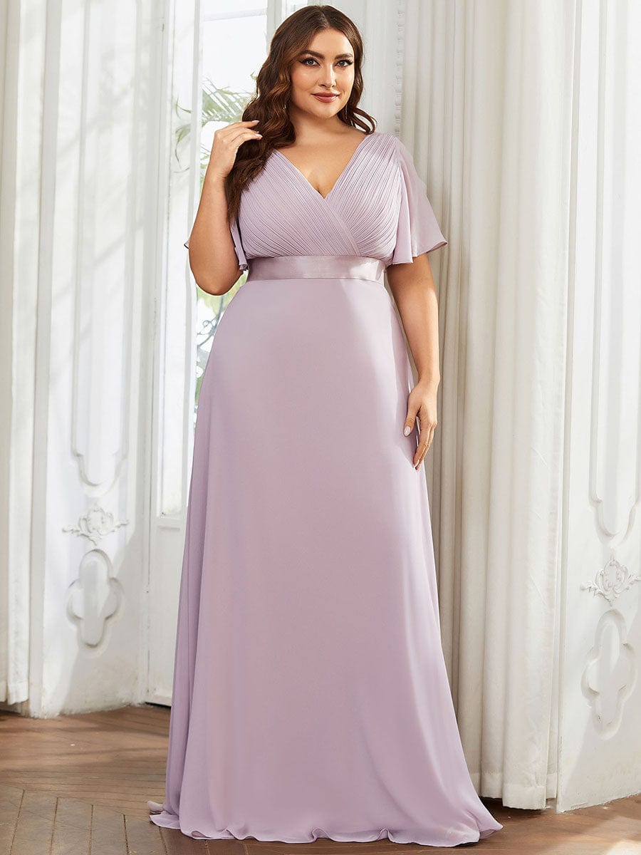 Plus Size Empire Waist Chiffon Maxi Dress with Short Sleeves #color_Lilac