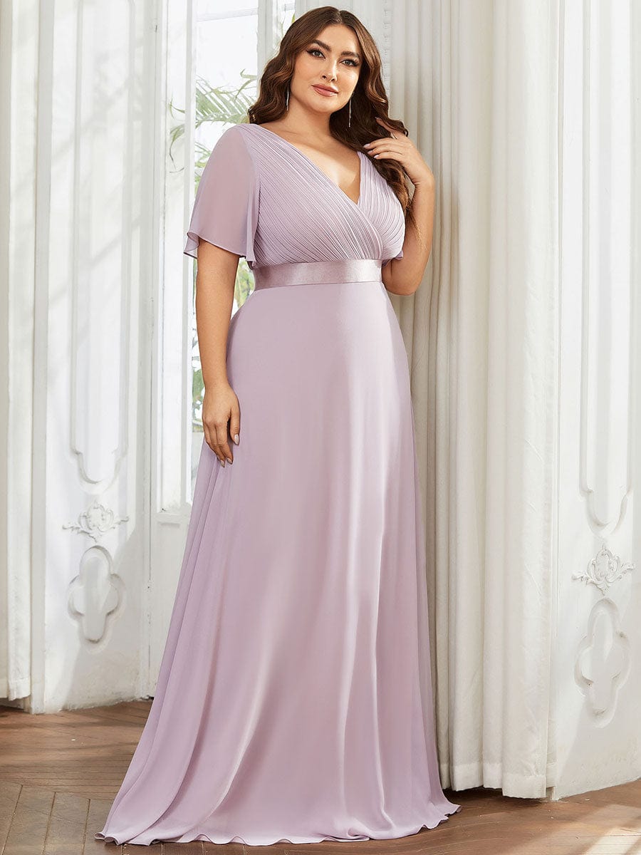 Plus Size Empire Waist Chiffon Maxi Dress with Short Sleeves #color_Lilac