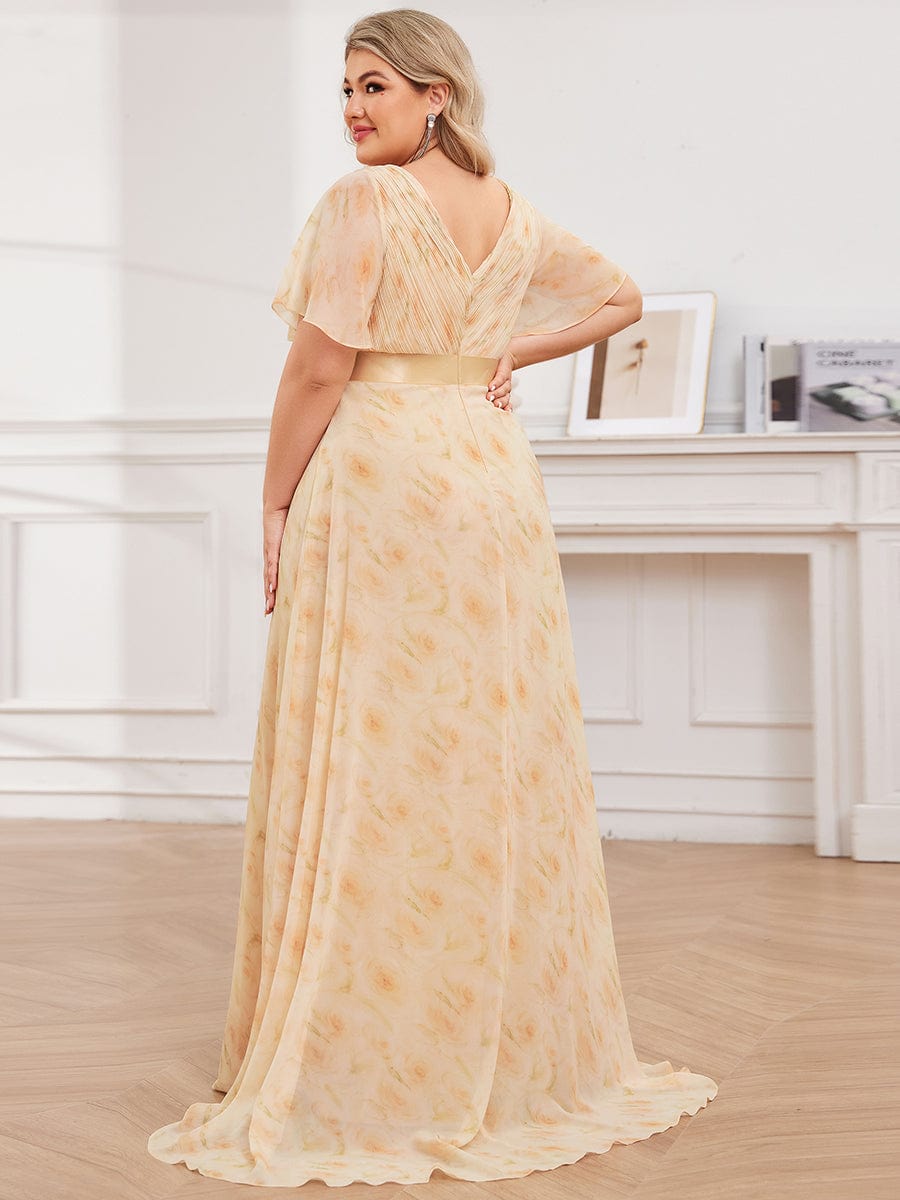 Plus Size Empire Waist Chiffon Maxi Dress with Short Sleeves #color_Golden Roses