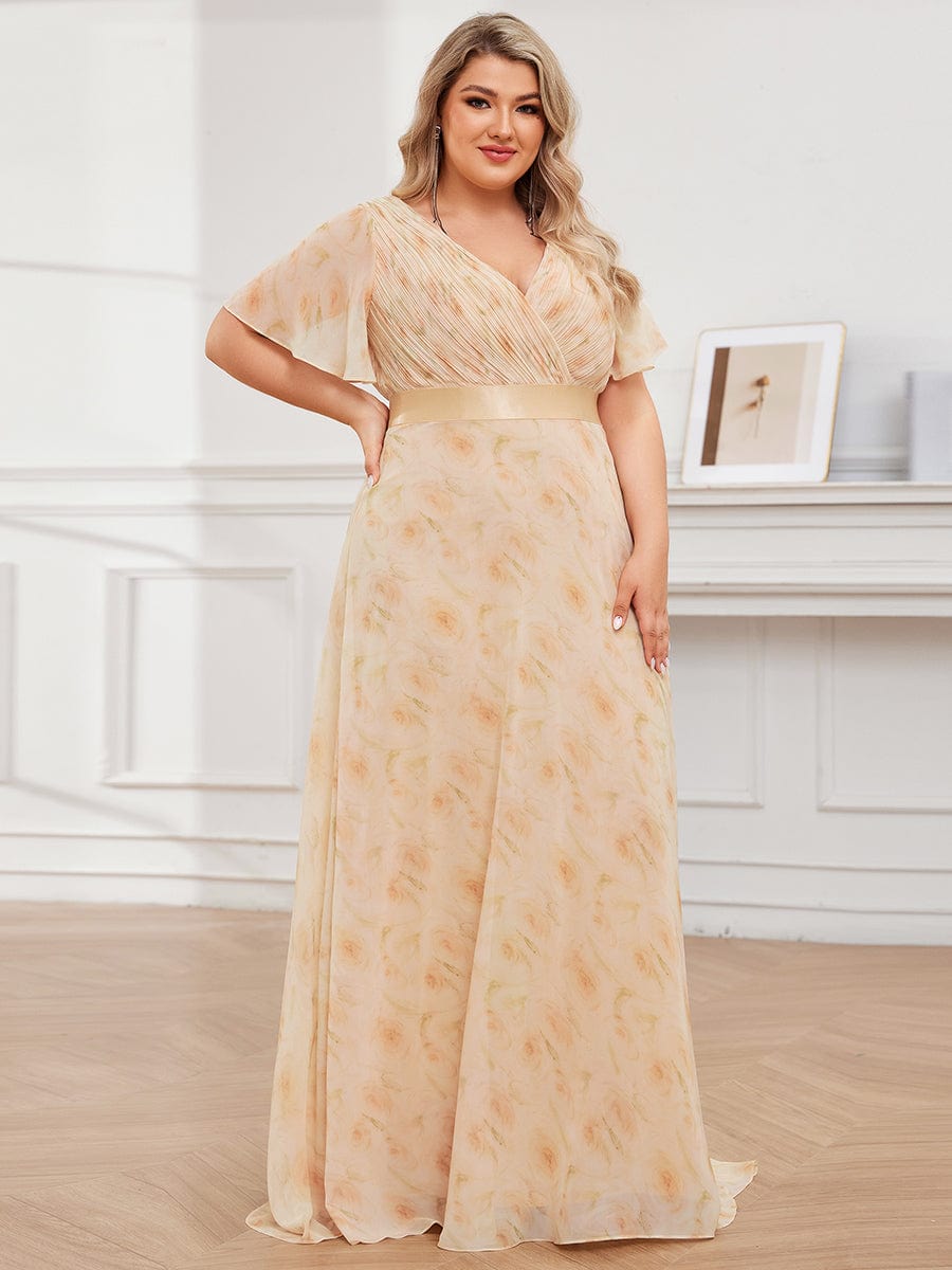 Plus Size Empire Waist Chiffon Maxi Dress with Short Sleeves #color_Golden Roses