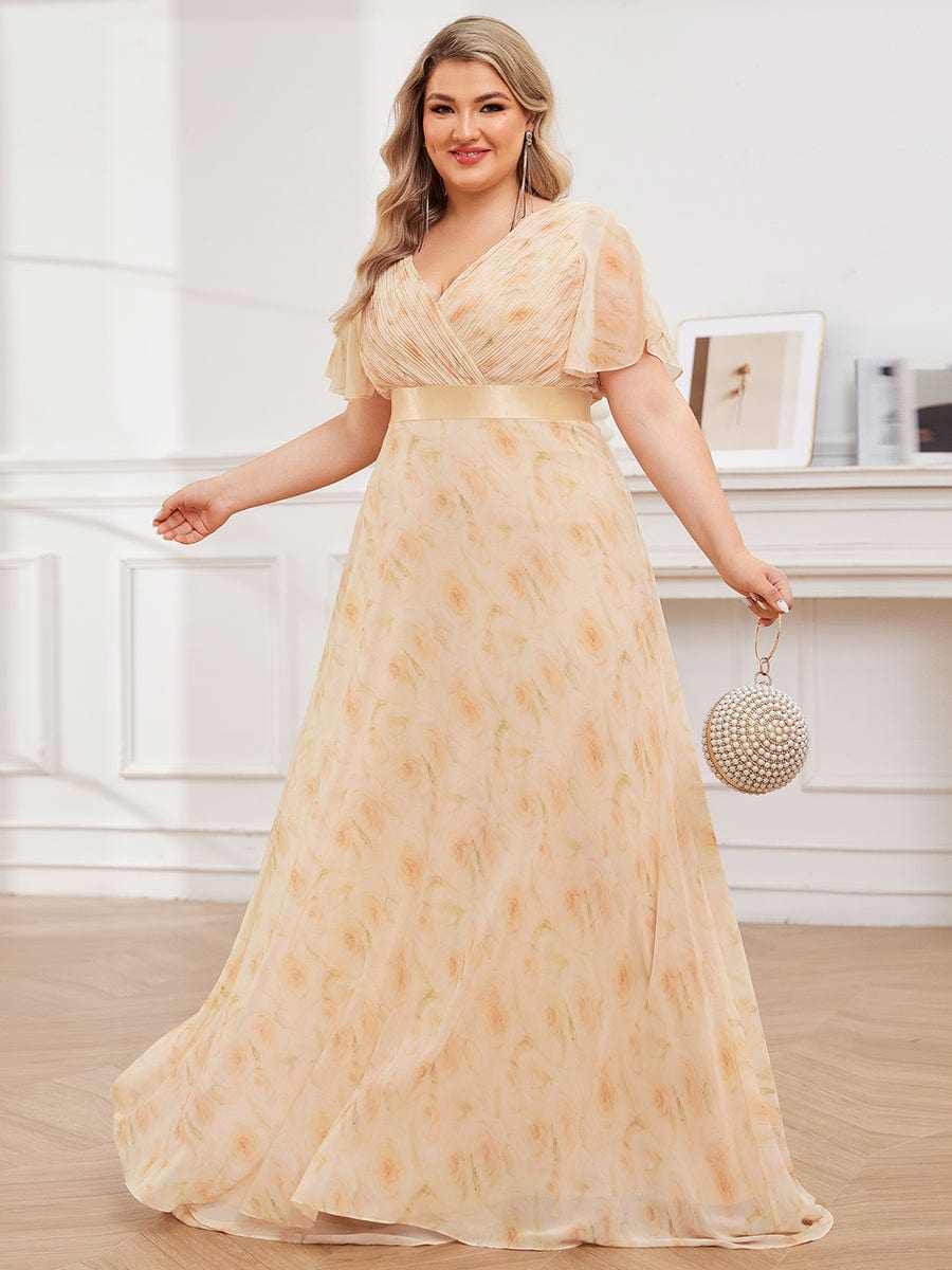 Plus Size Empire Waist Chiffon Maxi Dress with Short Sleeves #color_Golden Roses