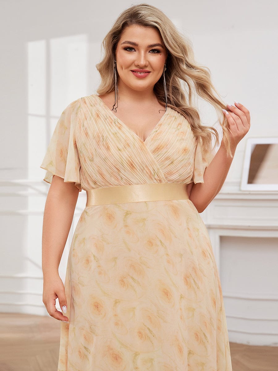 Plus Size Empire Waist Chiffon Maxi Dress with Short Sleeves #color_Golden Roses