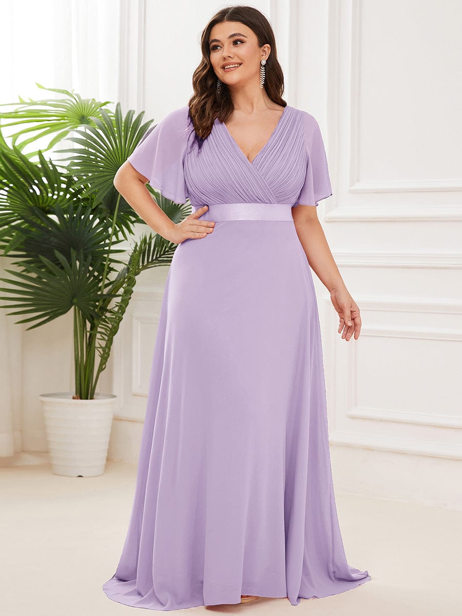 Plus Size Empire Waist Chiffon Maxi Dress with Short Sleeves #color_Lavender