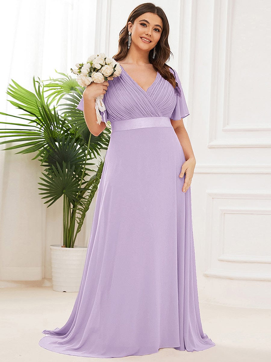 Plus Size Empire Waist Chiffon Maxi Dress with Short Sleeves #color_Lavender