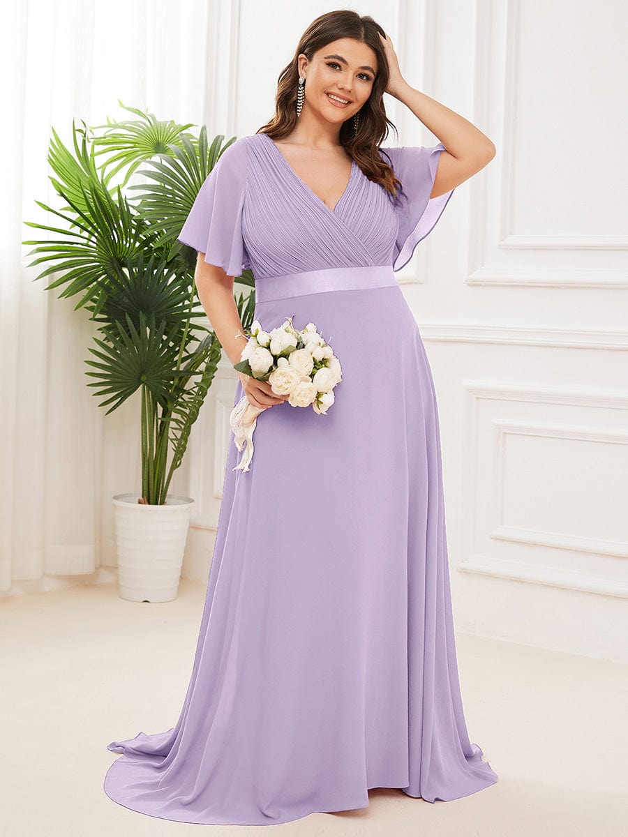 Plus Size Empire Waist Chiffon Maxi Dress with Short Sleeves #color_Lavender