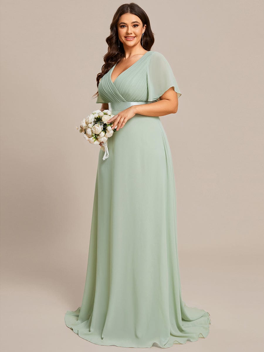 Plus Size Empire Waist Chiffon Maxi Dress with Short Sleeves #color_Sage Green