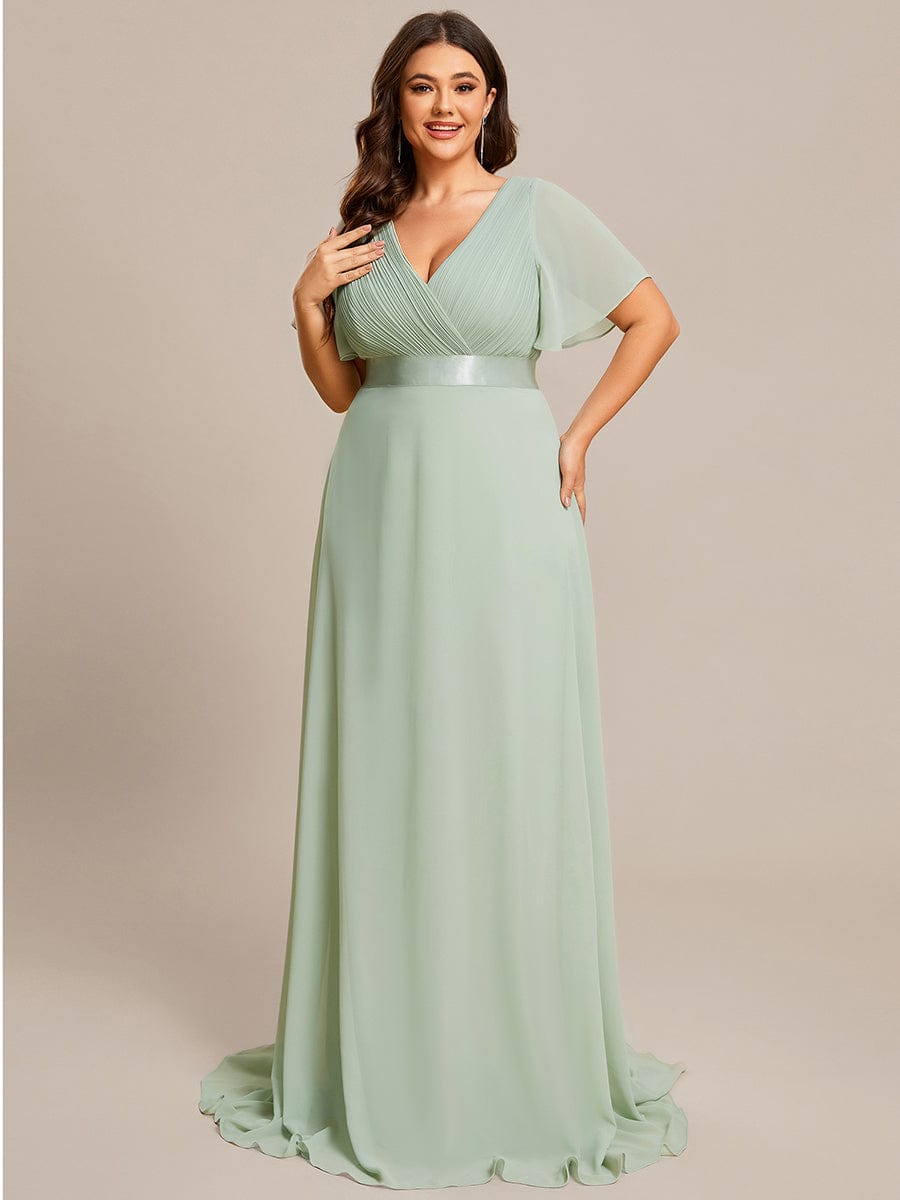 Plus Size Empire Waist Chiffon Maxi Dress with Short Sleeves #color_Sage Green