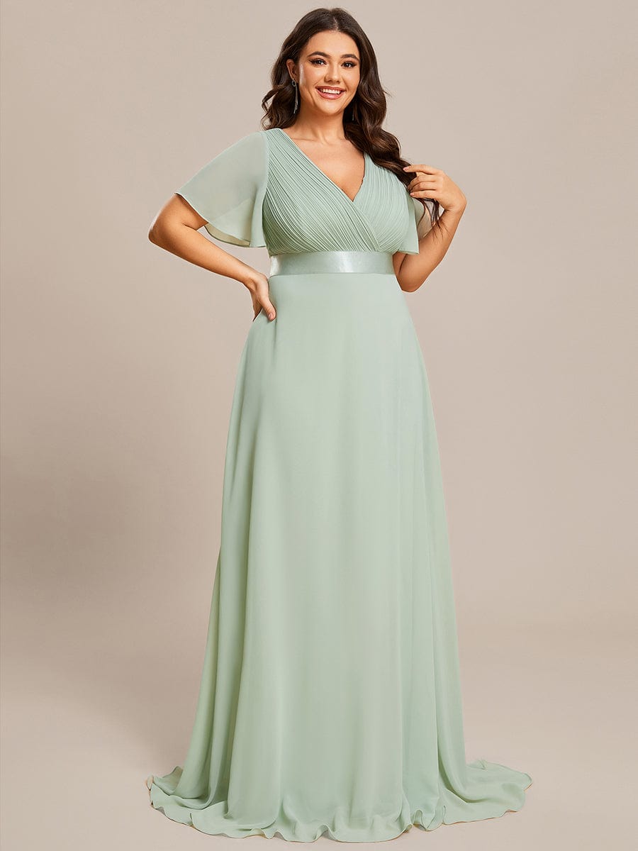 Plus Size Empire Waist Chiffon Maxi Dress with Short Sleeves #color_Sage Green