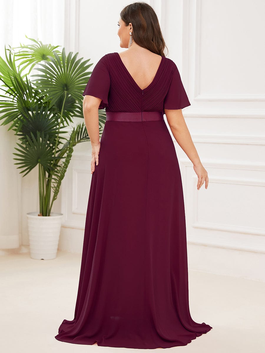 Plus Size Empire Waist Chiffon Maxi Dress with Short Sleeves #color_Mulberry