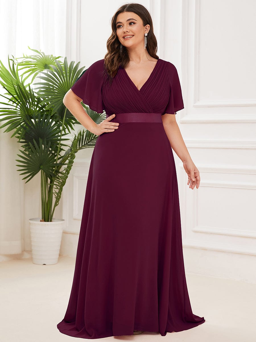 Plus Size Empire Waist Chiffon Maxi Dress with Short Sleeves #color_Mulberry