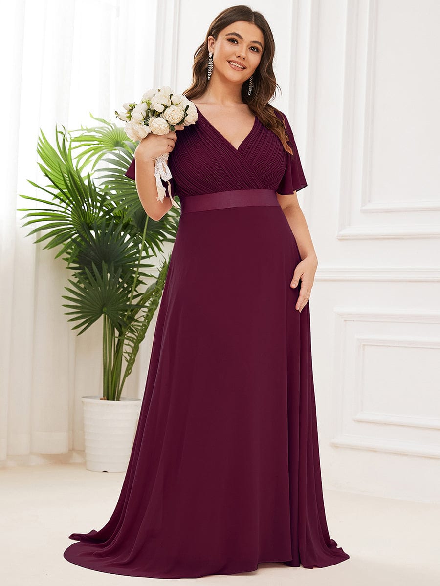 Plus Size Empire Waist Chiffon Maxi Dress with Short Sleeves #color_Mulberry