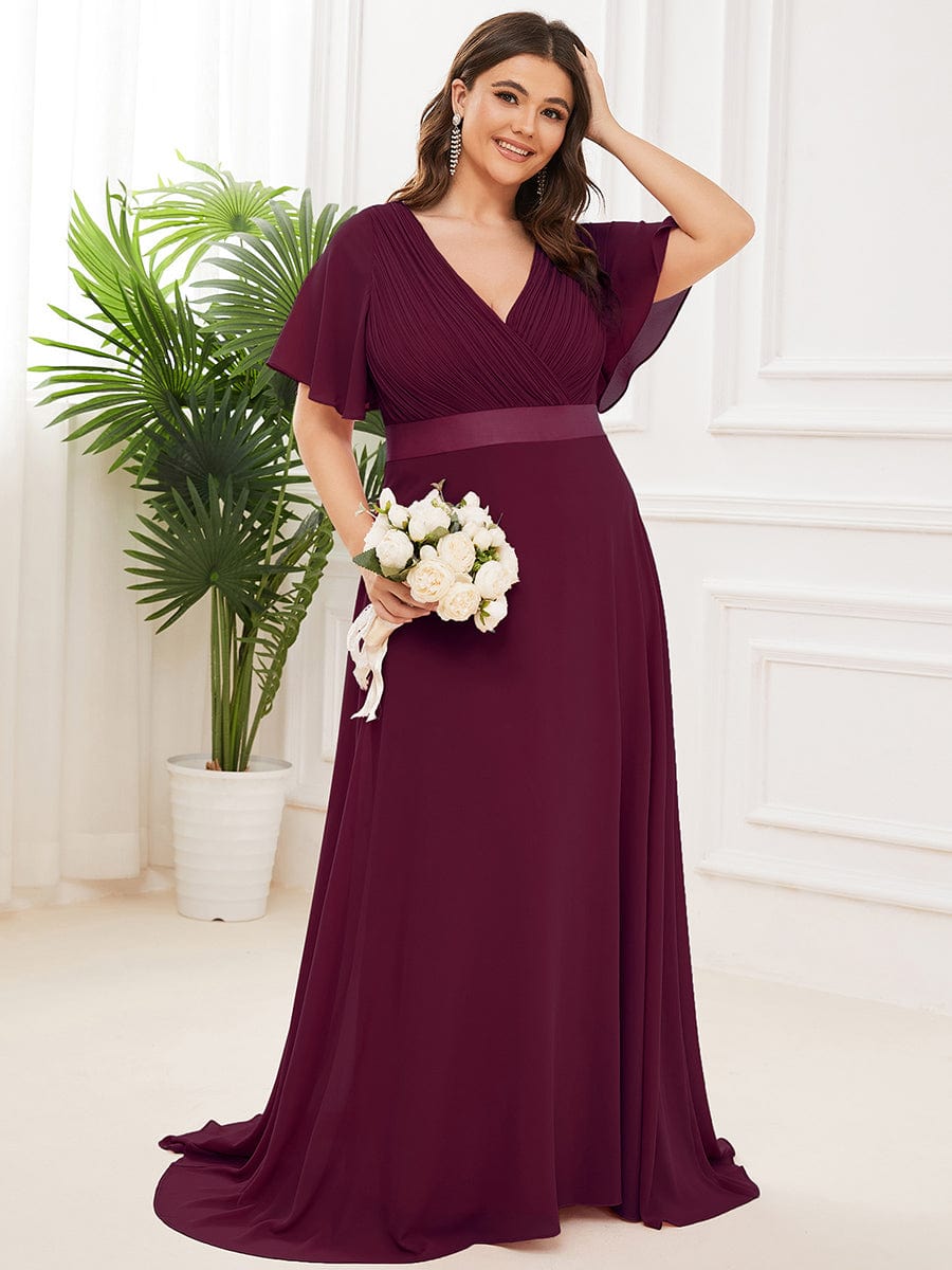 Plus Size Empire Waist Chiffon Maxi Dress with Short Sleeves #color_Mulberry