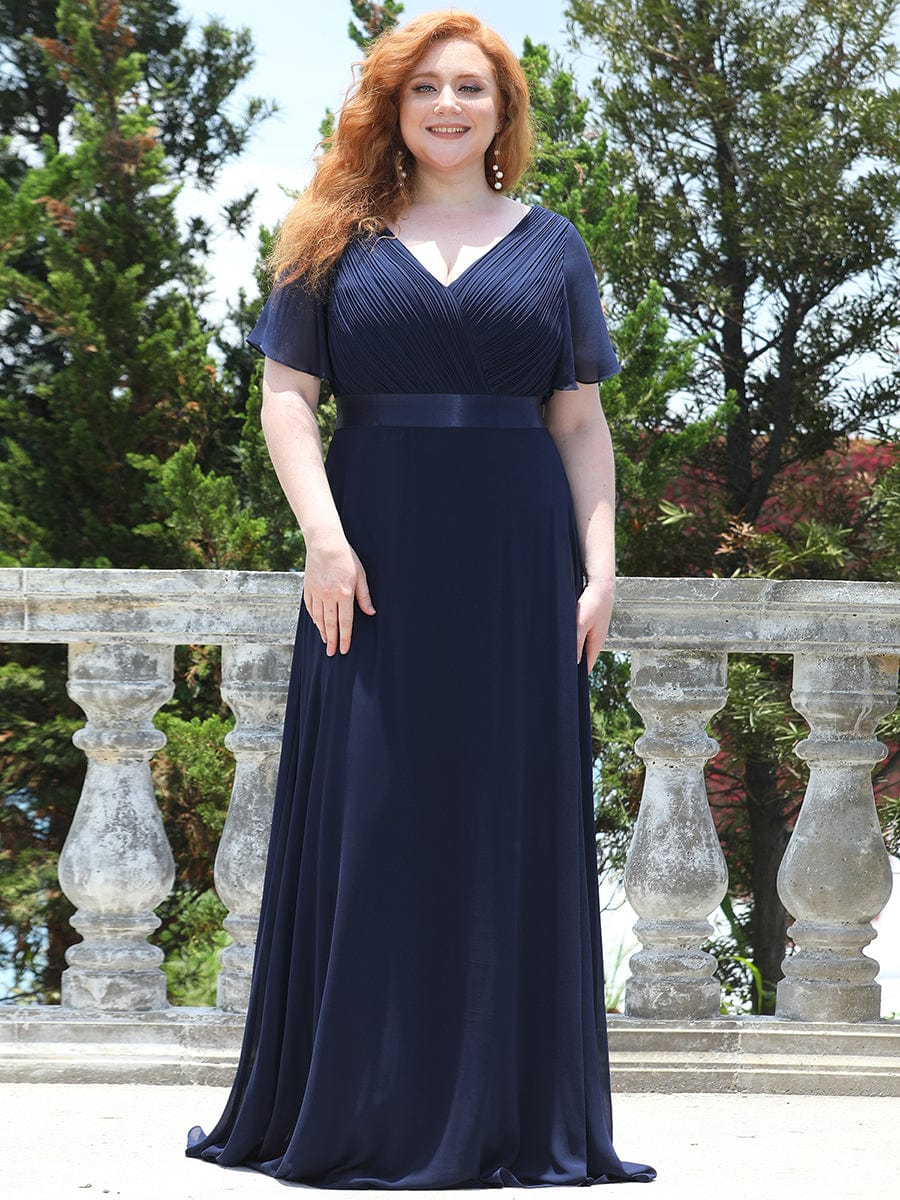 Plus Size Empire Waist Chiffon Maxi Dress with Short Sleeves #color_Navy Blue