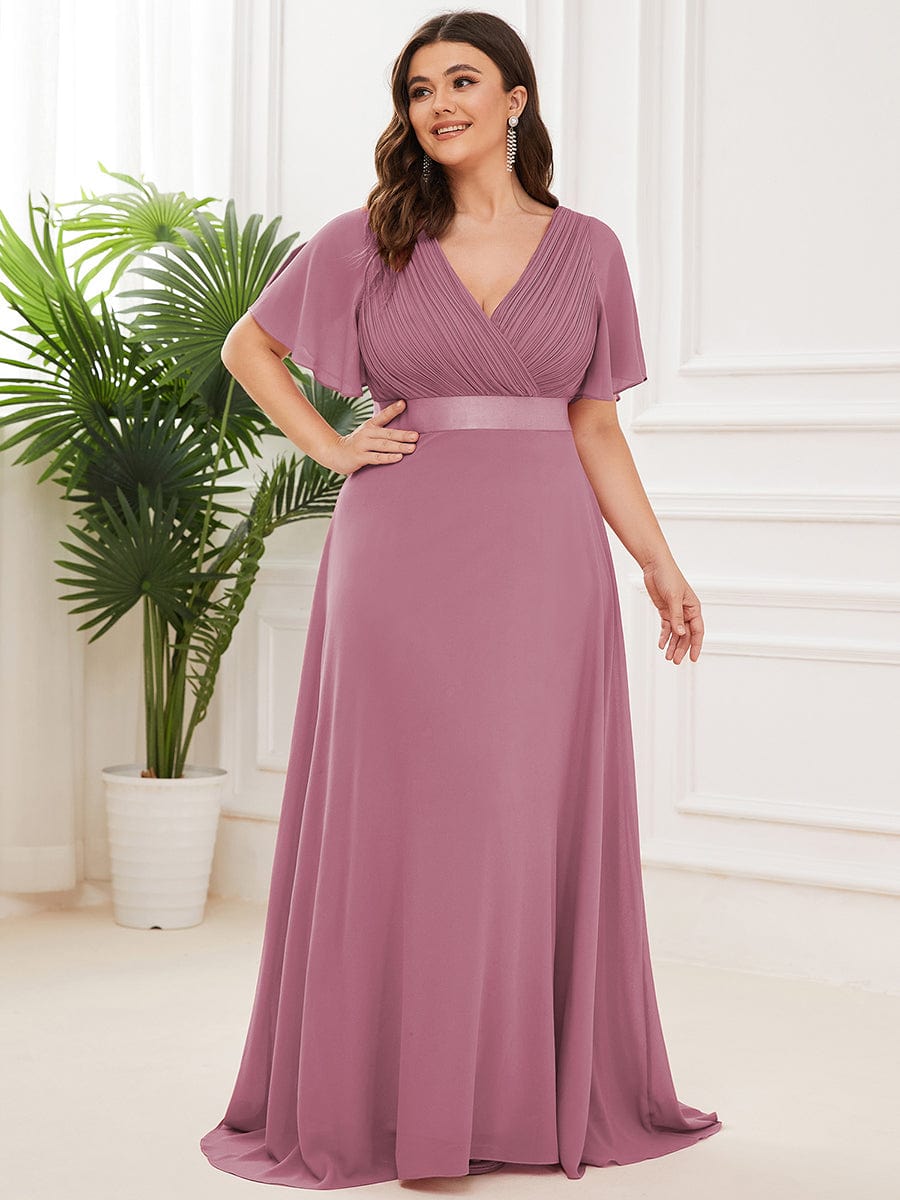 Plus Size Empire Waist Chiffon Maxi Dress with Short Sleeves #color_Purple Orchid