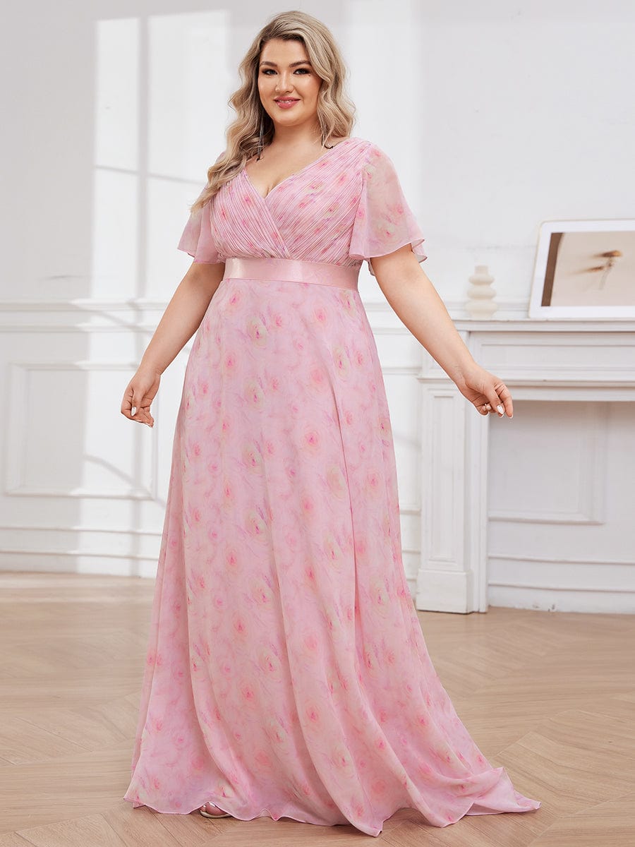 Plus Size Empire Waist Chiffon Maxi Dress with Short Sleeves #color_Light Purple Roses