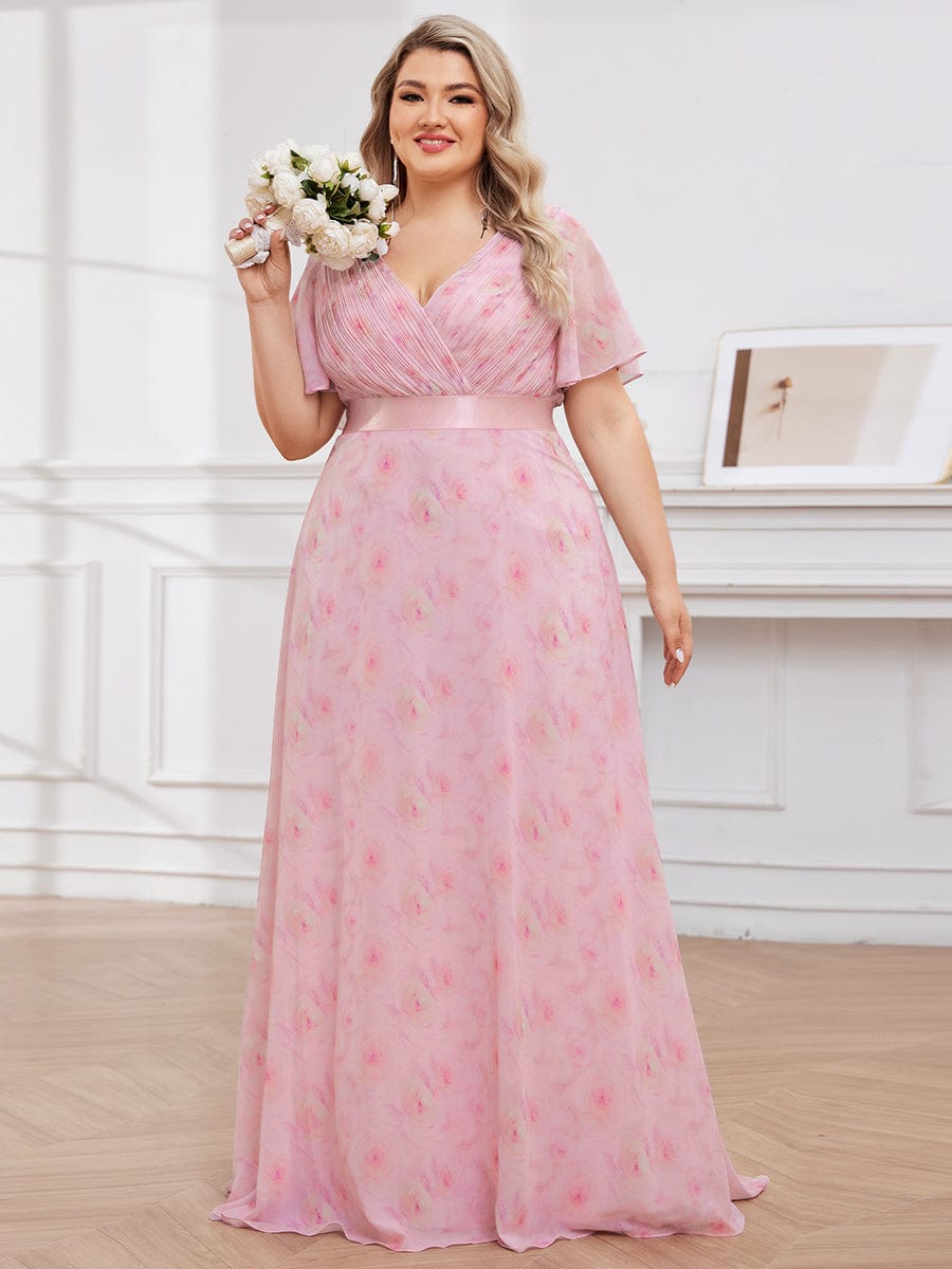 Plus Size Empire Waist Chiffon Maxi Dress with Short Sleeves #color_Light Purple Roses