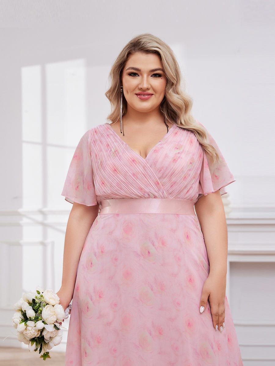 Plus Size Empire Waist Chiffon Maxi Dress with Short Sleeves #color_Light Purple Roses