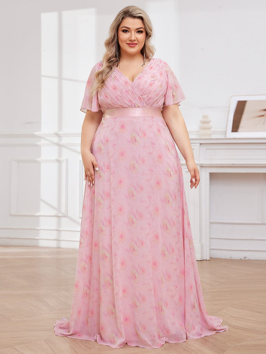 Plus Size Empire Waist Chiffon Maxi Dress with Short Sleeves #color_Light Purple Roses