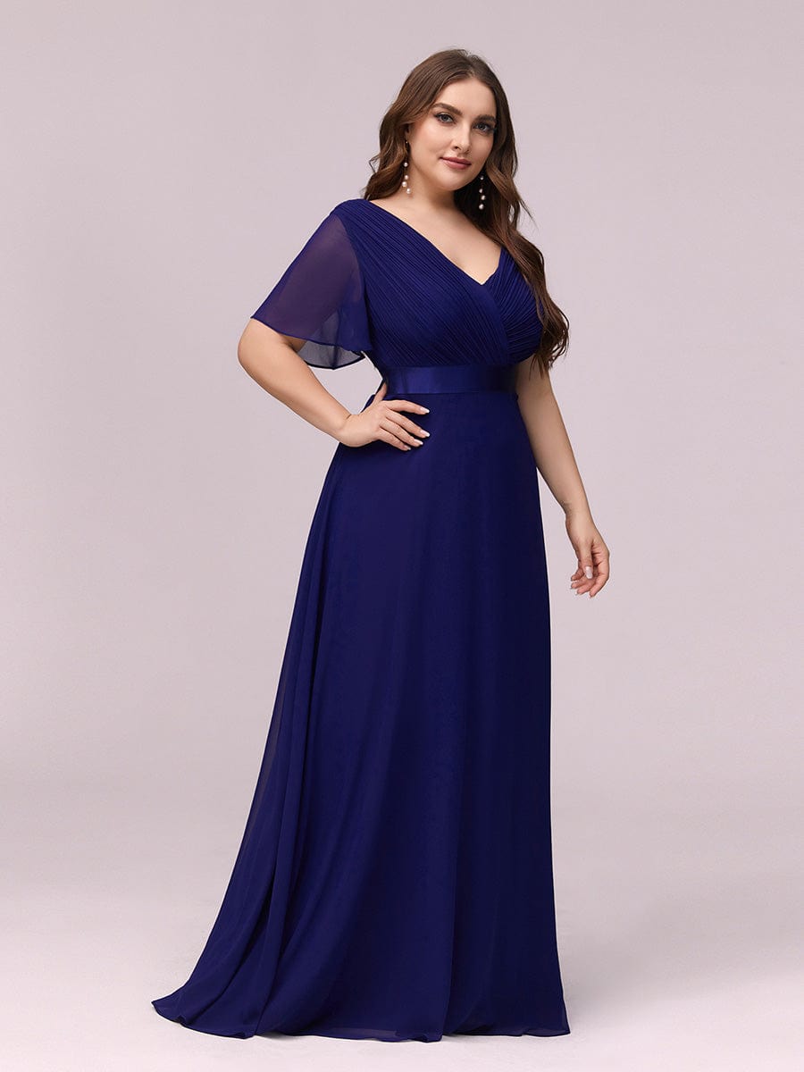 Plus Size Empire Waist Chiffon Maxi Dress with Short Sleeves #color_Royal Blue