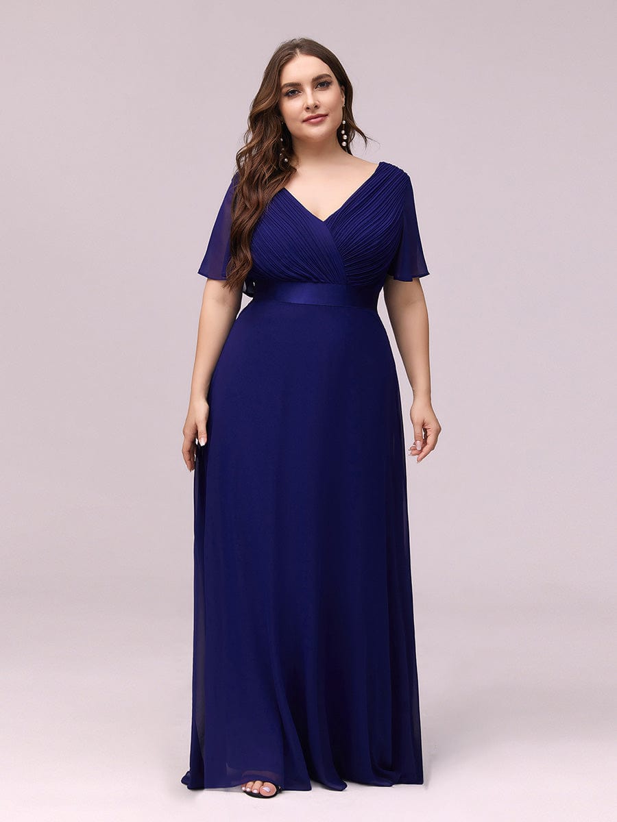 Plus Size Empire Waist Chiffon Maxi Dress with Short Sleeves #color_Royal Blue