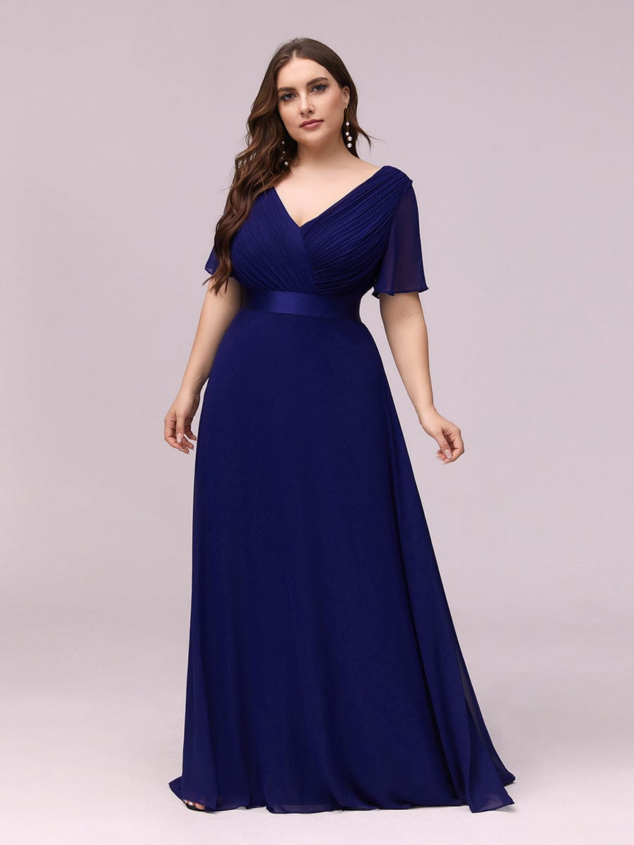 Plus Size Empire Waist Chiffon Maxi Dress with Short Sleeves #color_Royal Blue