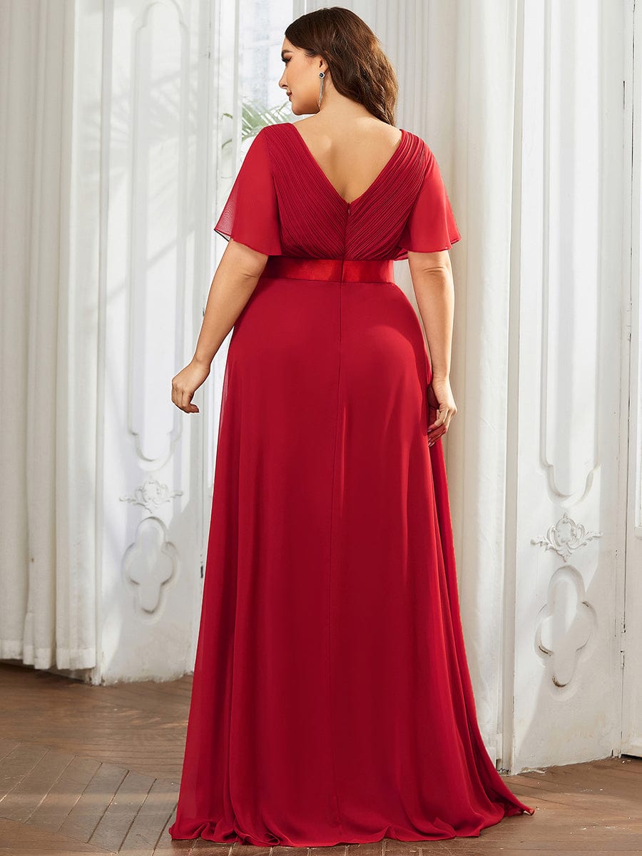 Plus Size Empire Waist Chiffon Maxi Dress with Short Sleeves #color_Red