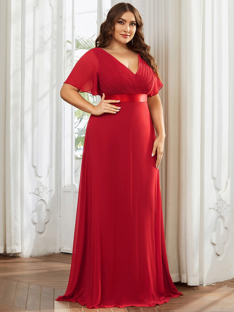 Plus Size Empire Waist Chiffon Maxi Dress with Short Sleeves #color_Red