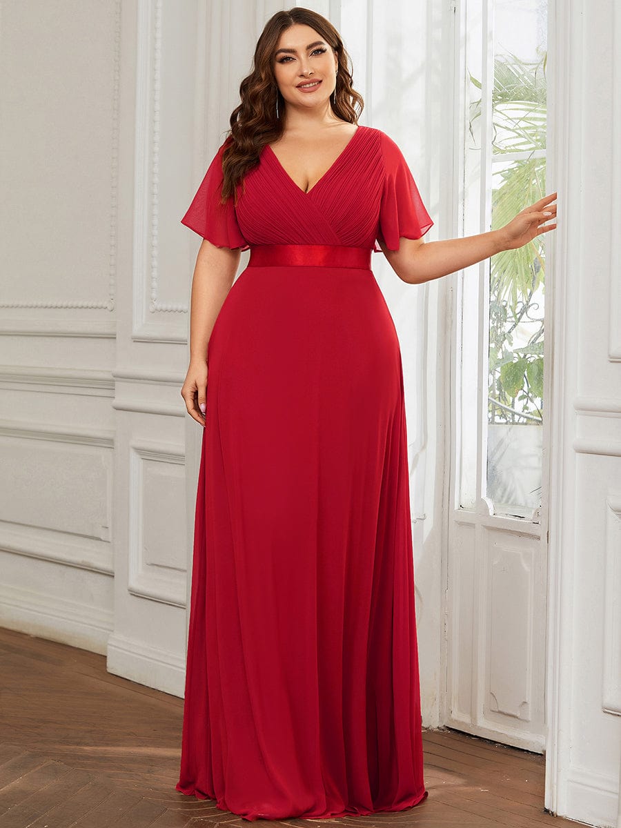 Plus Size Empire Waist Chiffon Maxi Dress with Short Sleeves #color_Red