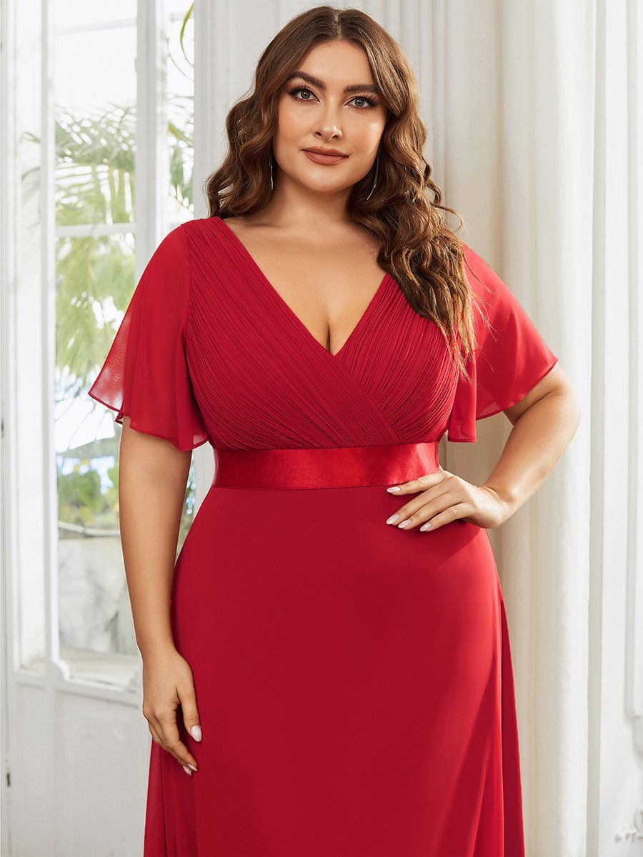 Plus Size Empire Waist Chiffon Maxi Dress with Short Sleeves #color_Red