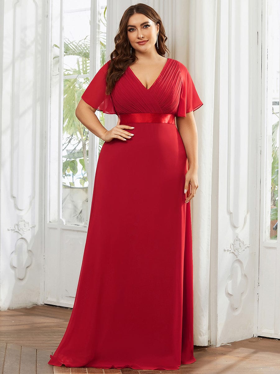 Plus Size Empire Waist Chiffon Maxi Dress with Short Sleeves #color_Red