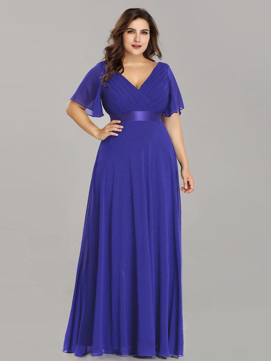 Plus Size Empire Waist Chiffon Maxi Dress with Short Sleeves #color_Sapphire Blue