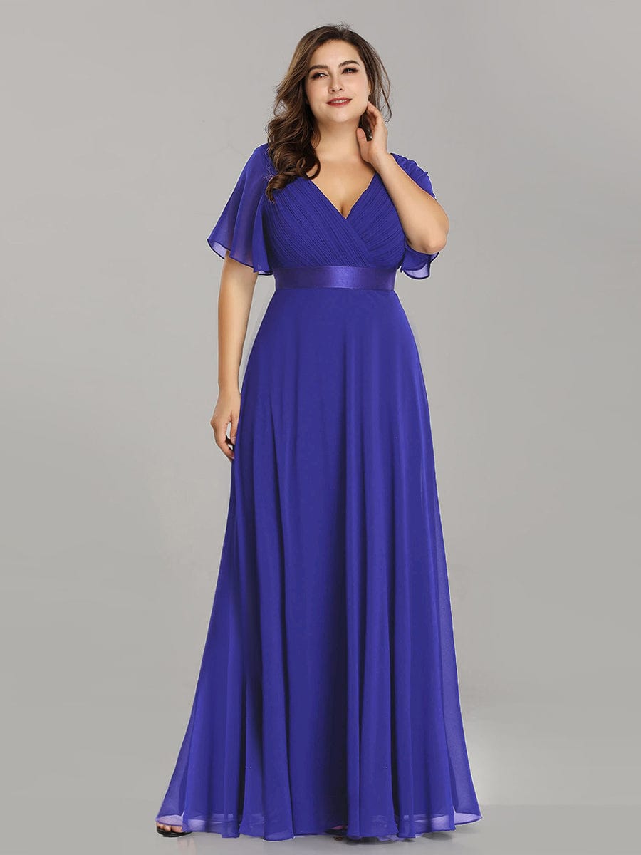 Plus Size Empire Waist Chiffon Maxi Dress with Short Sleeves #color_Sapphire Blue